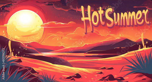 Vibrant illustration of a scorching desert landscape under a blazing sun photo