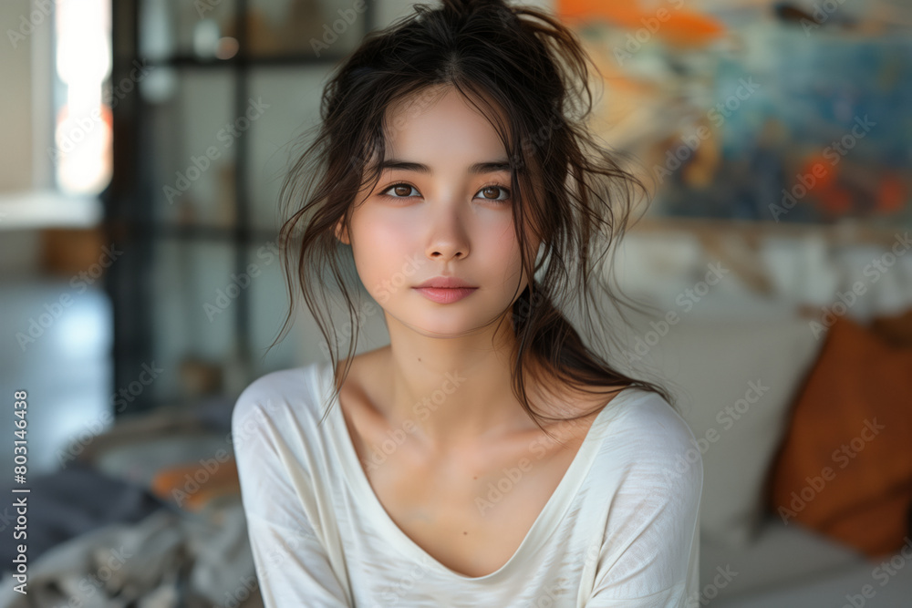 Asian woman in white shirt posing in cozy modern room interior Asian woman in white shirt posing in cozy modern room interior