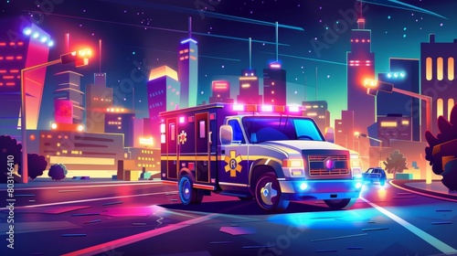 A medical ambulance in a night city with neon signs and traffic lights riding on an empty street with no buildings. Cartoon illustration showing an ambulance riding on an empty street at night.