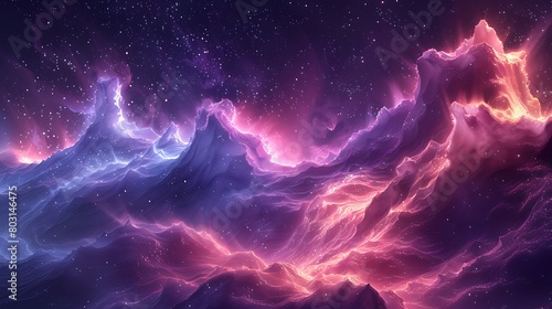 Create an artistic representation of aurora cosmic, with surreal waves of purple and pink undulating over a craggy planetary terrain.