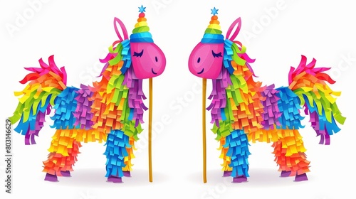 This is a funny pinata in shape of a donkey in a rainbow crepe paper. You can put candy or presents inside it to make it a fun toy for birthday parties, Mexican holidays, or carnivals.