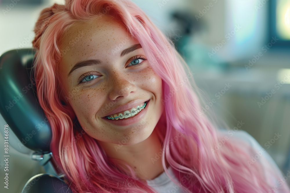portrait of a smiling girl with pink hair, dentist, braces portrait of a smiling girl with pink hair, dentist, braces