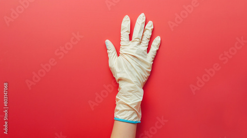 Hand in protective glove on color background