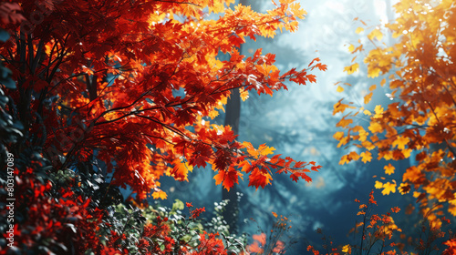 Vibrant autumn leaves in a photorealistic art style with a blurred background