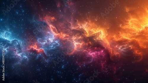 A panoramic view of the universe featuring the cosmic dance of dust and nebulae, rendered in high definition with explosive color transitions from cool blues to fiery reds. photo