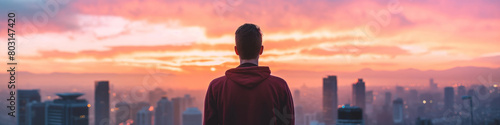 A contemplative man gazes at a city skyline bathed in the bold colors of sunset, signifying potential future