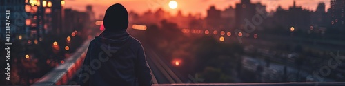 Silhouette of a contemplative person standing on a bridge overlooking a sunset cityscape, capturing a moment of solitude in an urban environment