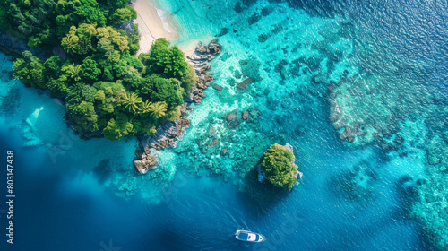 Stunning aerial view of a tropical island with lush greenery and crystal clear waters photo