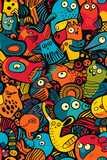 A seamless pattern of colorful, abstract animals.