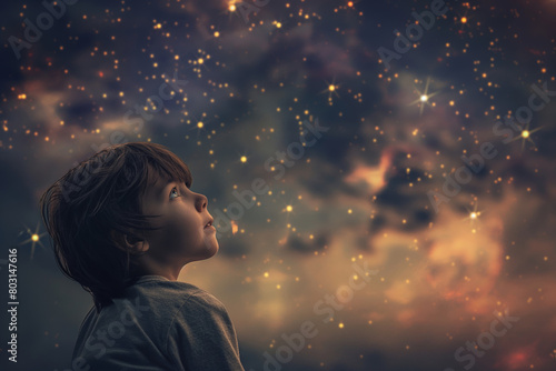 A young child gazes at a starry sky, the face blurred, capturing the wonder of the universe and childhood imagination