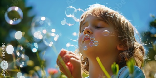 A child reaches out amidst shimmering bubbles against a bright  sunlit sky  epitomizing joy and innocence