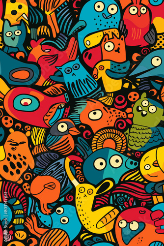 A seamless pattern of colorful, abstract animals.