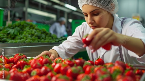 A woman wearing a hairnet and lab coat inspects strawberries at a food processing plant