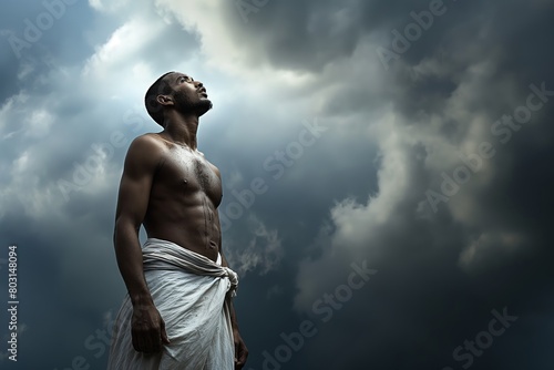 A man's muscular upper body is displayed against a dramatic sky, with his face mysteriously obscured from view photo
