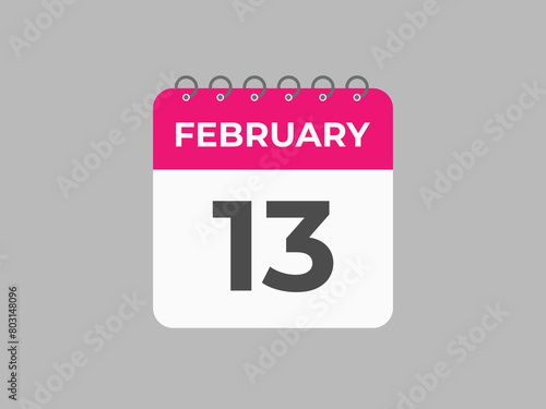 February 13 calendar reminder. 13 February daily calendar icon template. Calendar 13 February icon Design template. Vector illustration
