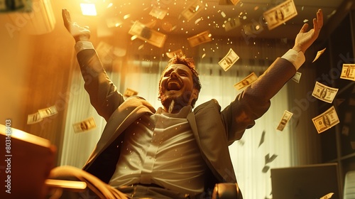 Capturing a man in a suit, arms raised in an office as money falls around him, this image epitomizes a financial windfall or business success. photo