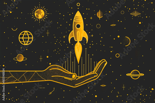 Stylized illustration of a hand holding a launching rocket surrounded by celestial elements photo