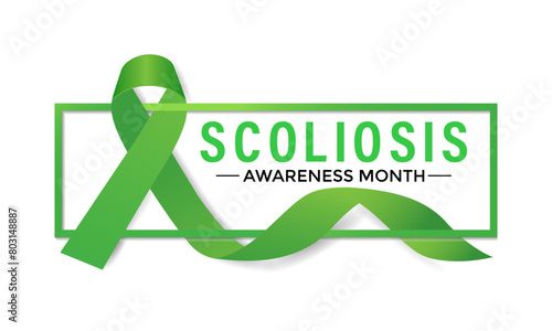Vector illustration on the theme of National Scoliosis awareness month observed each year in June. Green ribbon with human body design illustration. Banner poster, flyer and background design.
