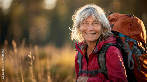 A smiling senior woman is hiking in nature  with space for text on the right side.