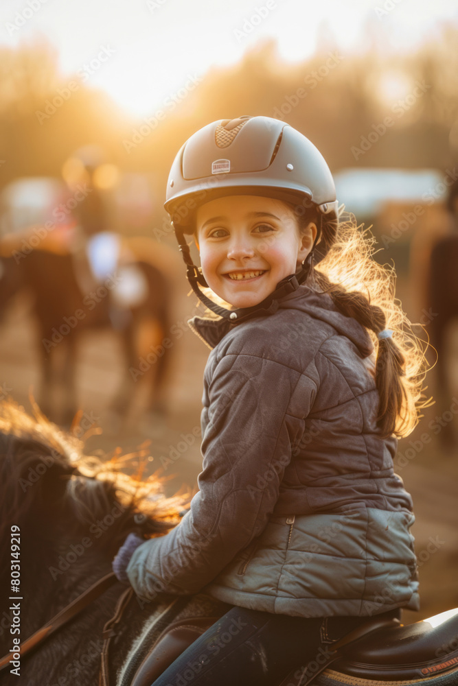 A happy young girl is sitting on a horse in an equestrian arena, wearing a helmet and smiling at the camera. A happy young girl is sitting on a horse in an equestrian arena, wearing a helmet and smiling at the camera.