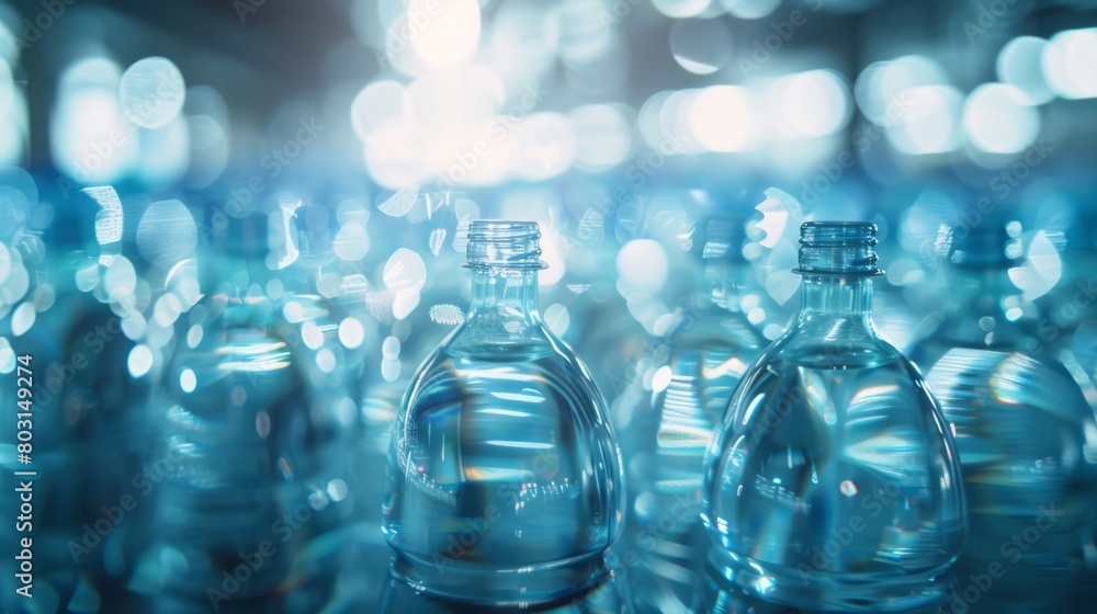 A wide shot of the entire water bottle filling line shows clear bottles in focus against a light blue color theme. A wide shot of the entire water bottle filling line shows clear bottles in focus against a light blue color theme.