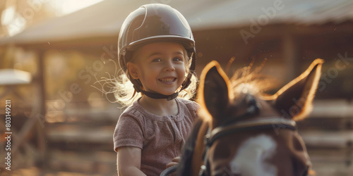 A happy little girl, wearing a helmet, is riding a horse at an equestrian center in the golden hour light. photo