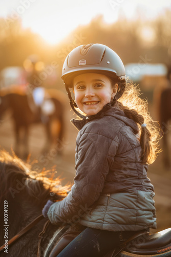 A happy young girl is sitting on a horse in an equestrian arena, wearing a helmet and smiling at the camera. photo