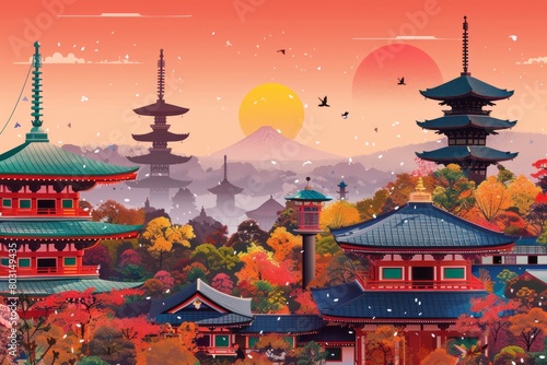 Illustration of Kyoto City with  with vibrant colors