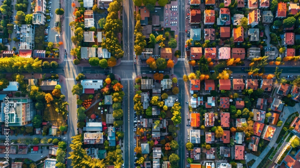 Fototapeta premium An aerial view showing the contrast between a bustling city center and calm suburban areas