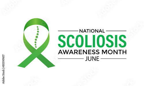 Vector illustration on the theme of National Scoliosis awareness month observed each year in June. Green ribbon with human body design illustration. Banner poster, flyer and background design.
