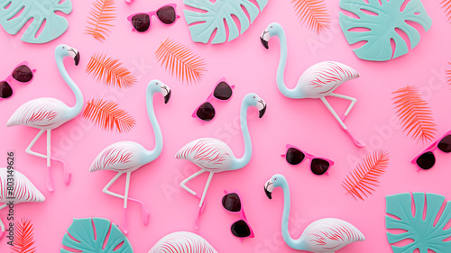 Summer pattern with palm leves flamingo and sunglasses against pink background. photo