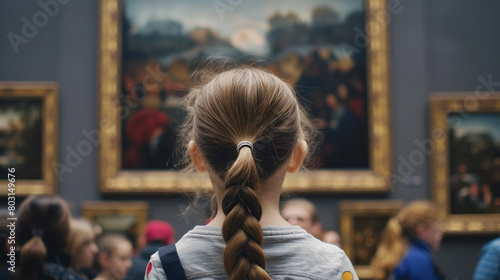 a girl with a braid in her hair stands in front of a painting 