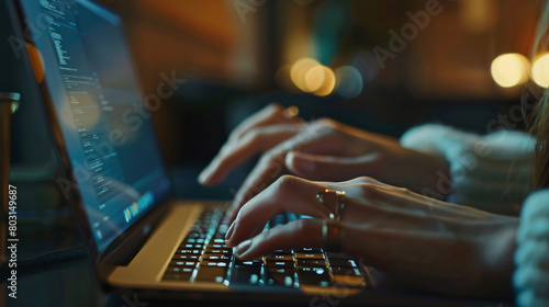 Hands of woman using laptop closeup