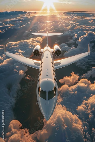  Private business jet flying above the clouds. Side view. Captivating aerial beauty of a private jet. photo