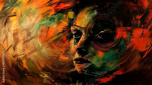 Abstract face expressing feelings of anxiety and depression. It can be used to conceptualize bipolar disorder  depression or schizophrenia. In painting style.
