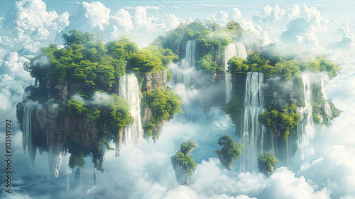 Mystical floating islands with waterfalls among clouds in a tranquil sky