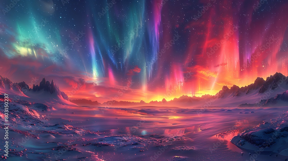 Illustrate an otherworldly cosmic aurora, with streams of luminous colors flowing over a barren planetary landscape, evoking a sense of wonder and alien beauty. Illustrate an otherworldly cosmic aurora, with streams of luminous colors flowing over a barren planetary landscape, evoking a sense of wonder and alien beauty.