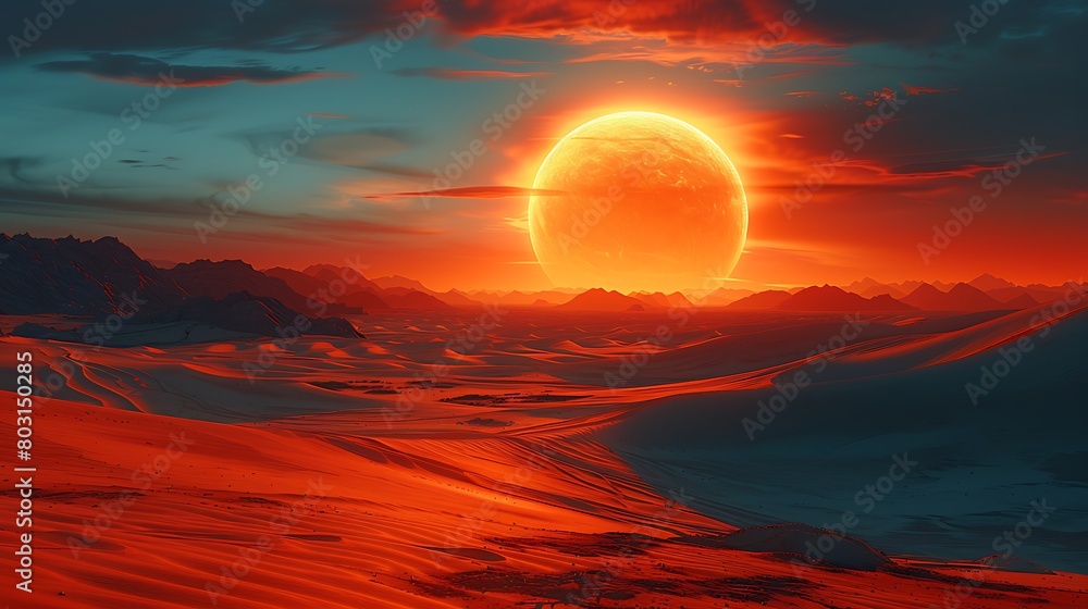 Fototapeta premium Illustrate an otherworldly desert with shifting sand dunes under a dual sun, creating intense shadows and dramatic atmospheric effects.