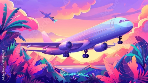 A cartoon landing page showing a passenger airplane flying in the sky. Concept for an airline booking service, a journey on an airline, and vacations and holidays.