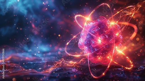 Depict a highly stylized model of an atom, with electrons spinning rapidly around colorful, glowing nuclei, representing the energy and motion of atomic particles.