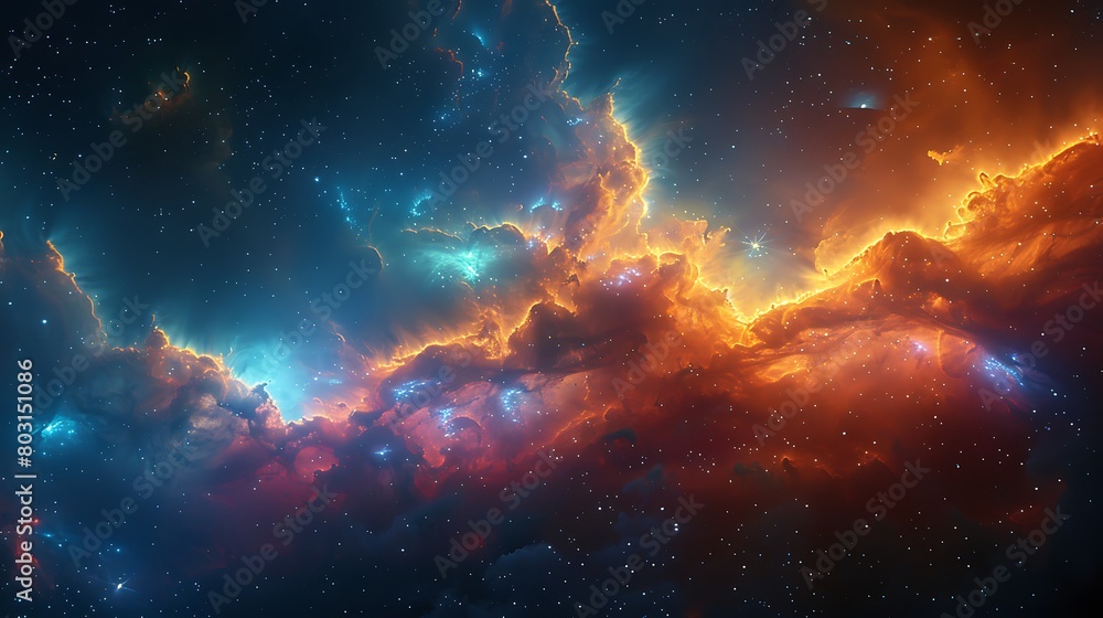 Obraz premium Depict a nebula in full bloom, with petal-like gas clouds unfolding in a spectrum of cosmic colors, set against the backdrop of a starry sky.