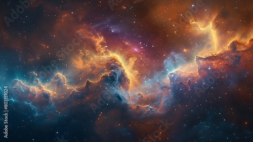 Depict a nebula in full bloom, with petal-like gas clouds unfolding in a spectrum of cosmic colors, set against the backdrop of a starry sky. photo