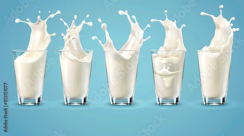 Dynamically splashing milk in transparent glasses on a calm blue background