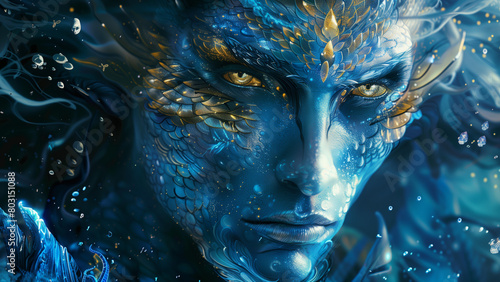 Handsome blue male sea god with golden eyes and scales, in the fantasy art style with a dark background, digital painting in the watercolor and cinematic concept art style