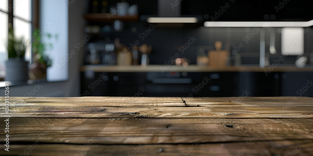 empty wooden table in the foreground Black Sleek Black Furnished Kitchen With Classic Wooden Floor 3d Rendering Kitchen in new luxury home Modern dark grey k