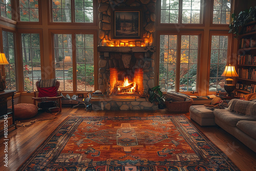 A cozy fireplace casting a warm glow, fostering feelings of comfort and contentment in the mind. photo