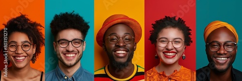 Joyful and colorful faces of young people, great for themes of diversity, happiness, and youthful culture in advertising and social campaigns.