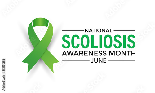 Vector illustration on the theme of National Scoliosis awareness month observed each year in June. Green ribbon with human body design illustration. Banner poster, flyer and background design.
