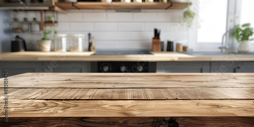 Empty Wooden Table with Modern Kitchen Interior Background, Bokeh Effect © Muhammad The Trust