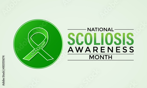 Vector illustration on the theme of National Scoliosis awareness month observed each year in June. Green ribbon with human body design illustration. Banner poster, flyer and background design.
